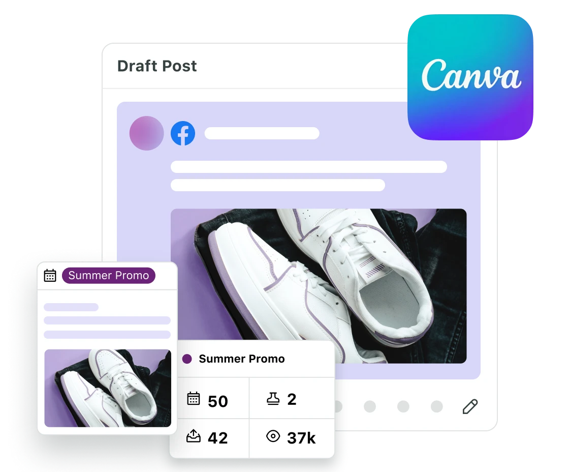 A product UI image showing the Canva and Sprout Social integration. The image features a draft post with a close-up of a pair of white sneakers on a dark background.