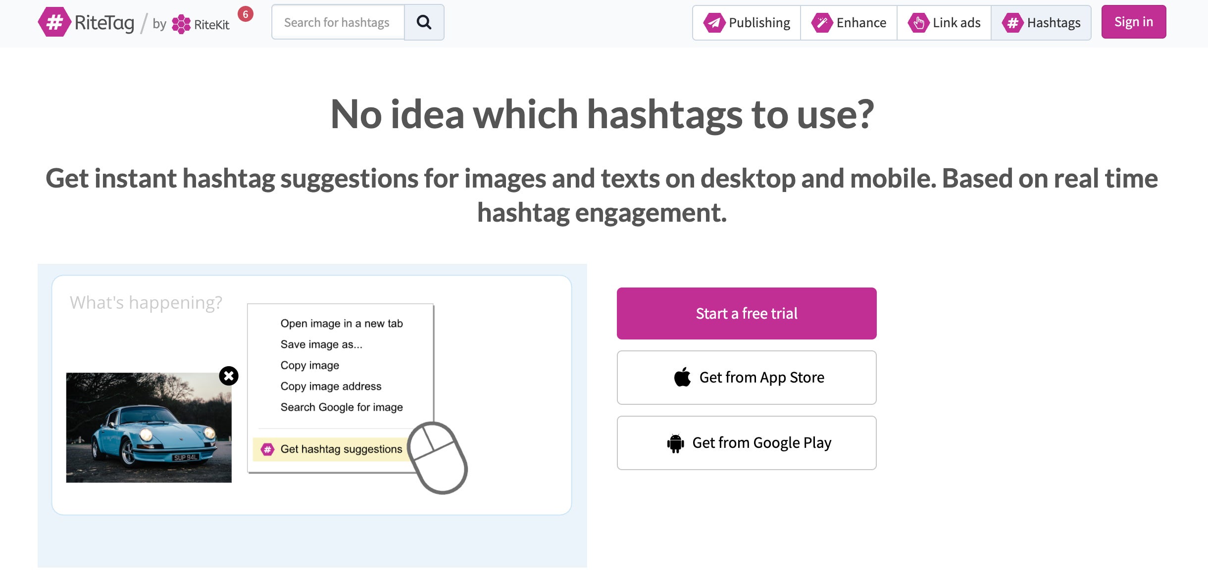 Ritetag hashtag social media tool homepage