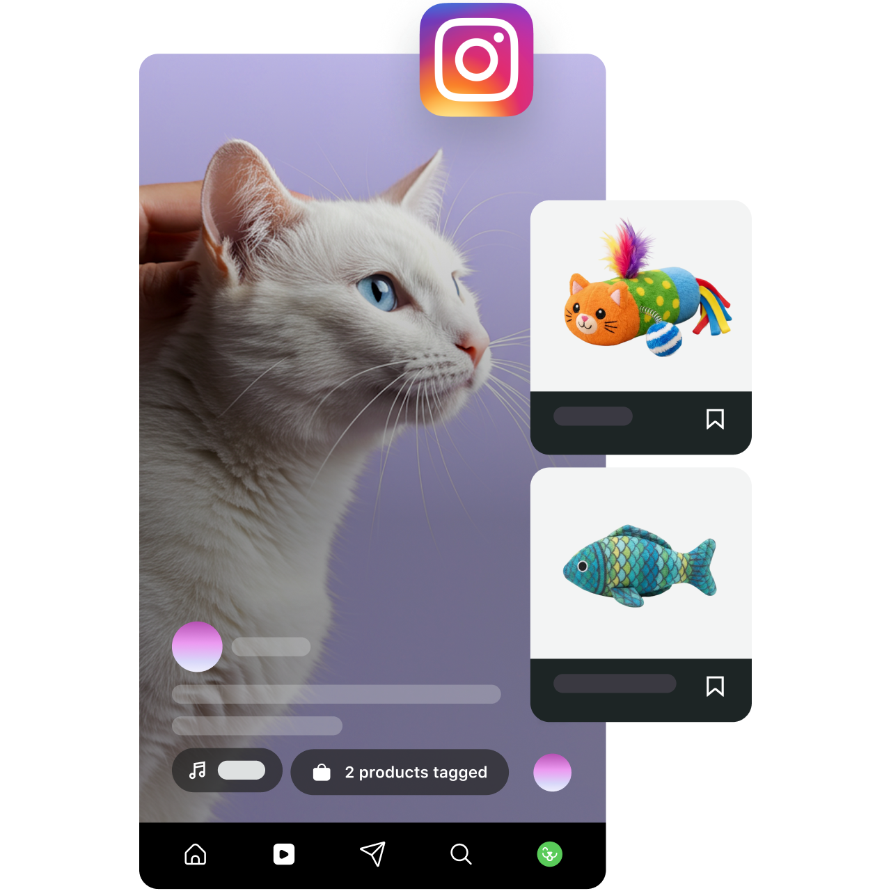 Instagram Reel interface in Sprout Social featuring a cat video with tagged product overlays for cat toys.