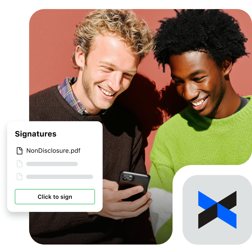 Dropbox Sign digital signature interface showing two content creators reviewing a contract document titled 'NonDisclosure.pdf' with a 'Click to sign' button, alongside the Dropbox Sign logo