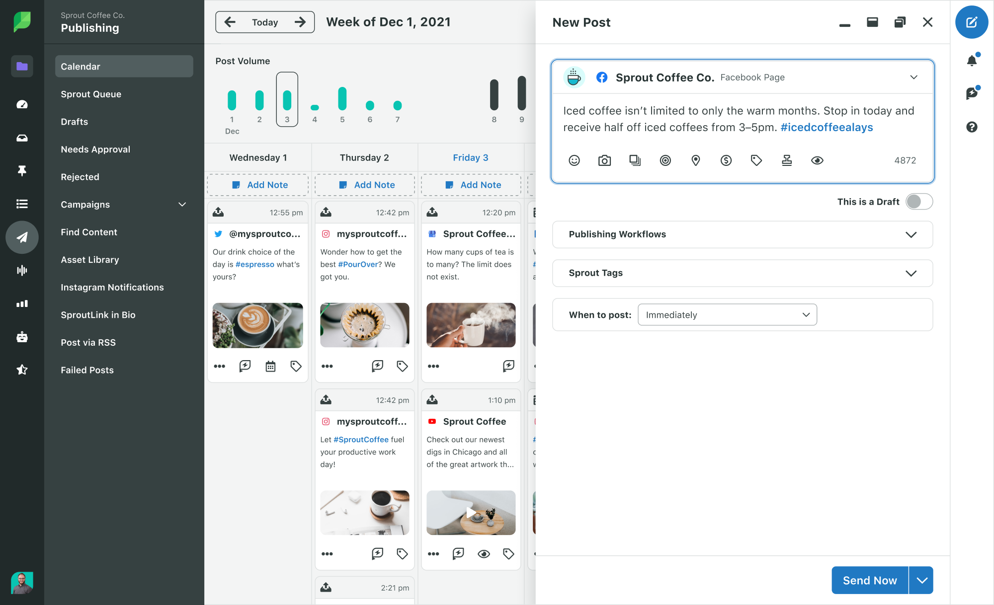 A preview of Sprout Social’s publishing dashboard showing a new post and a content calendar.
