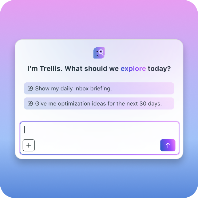 Capture d'écran de Trellis Studio, une plateforme d'analyse alimentée par l'IA, montrant un graphique des tendances d'engagement, un tableau de bord de compétences avec des tâches planifiées, et une interface de chat d'IA qui demande « Que souhaitez-vous explorer aujourd'hui ? ».