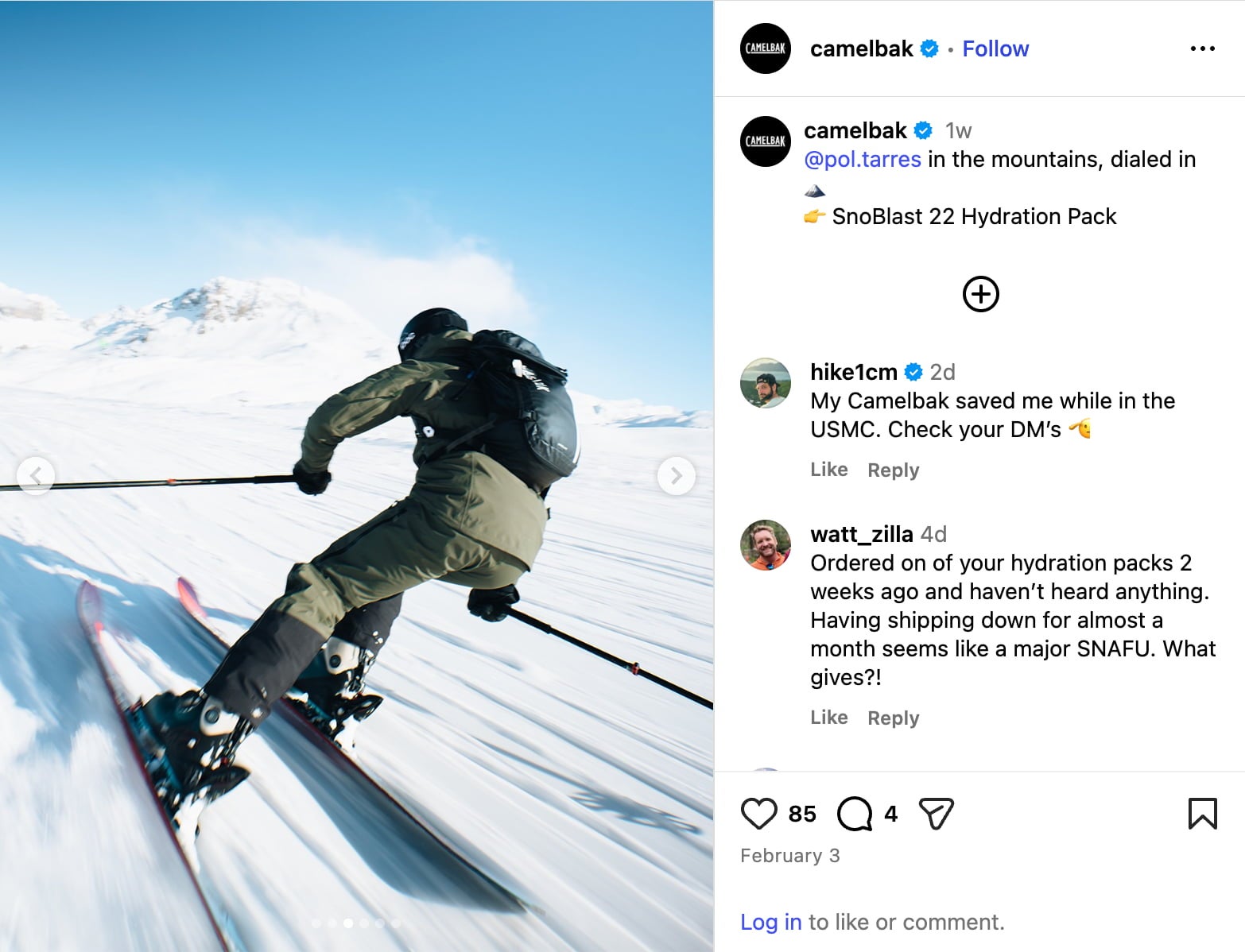 Camelbak's Instagram post that shows an image of Pol Tarres skiing with a Camelbak hydration pack on his back