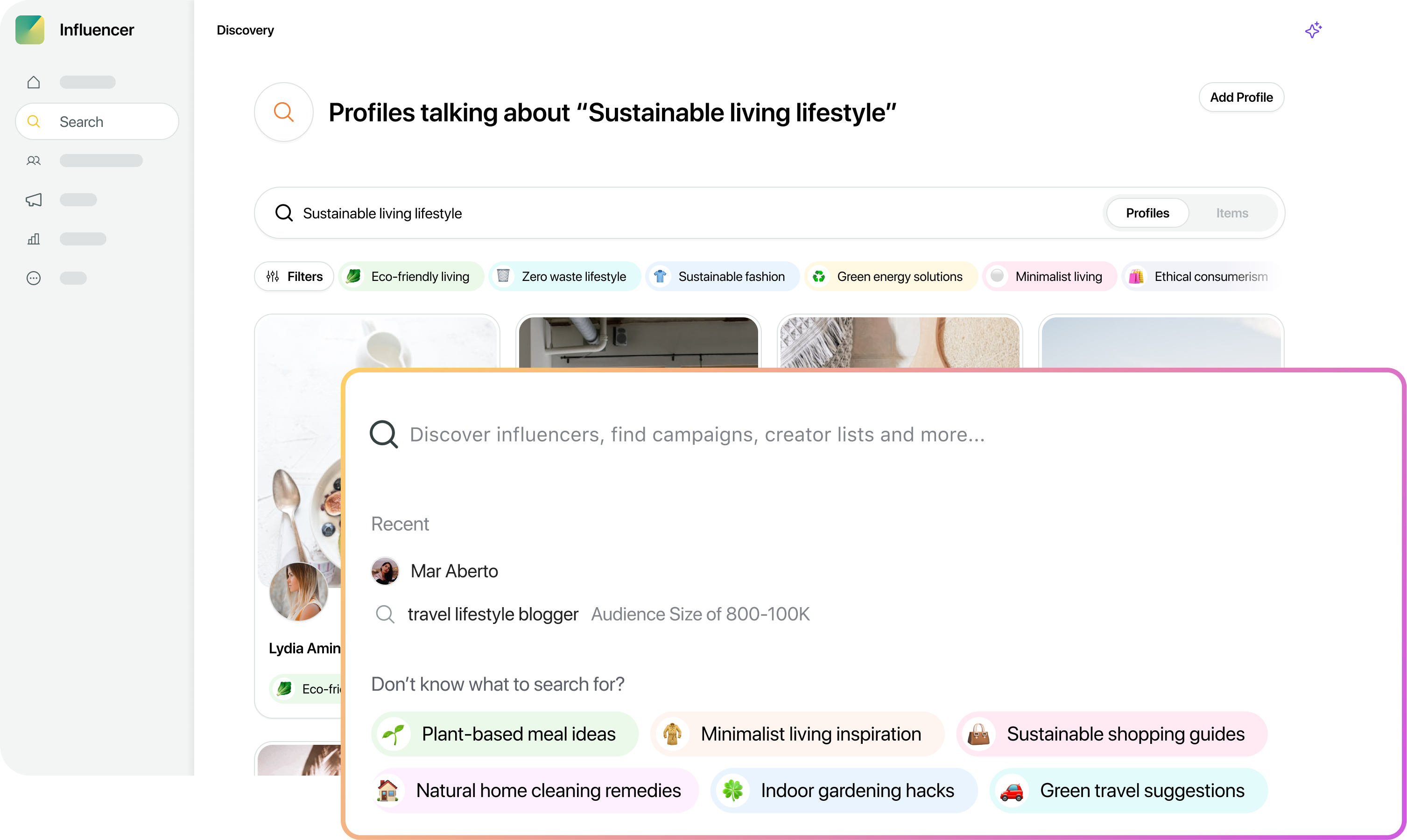 Influencer Marketing by Sprout Social global search feature and AI suggested queries based on search.