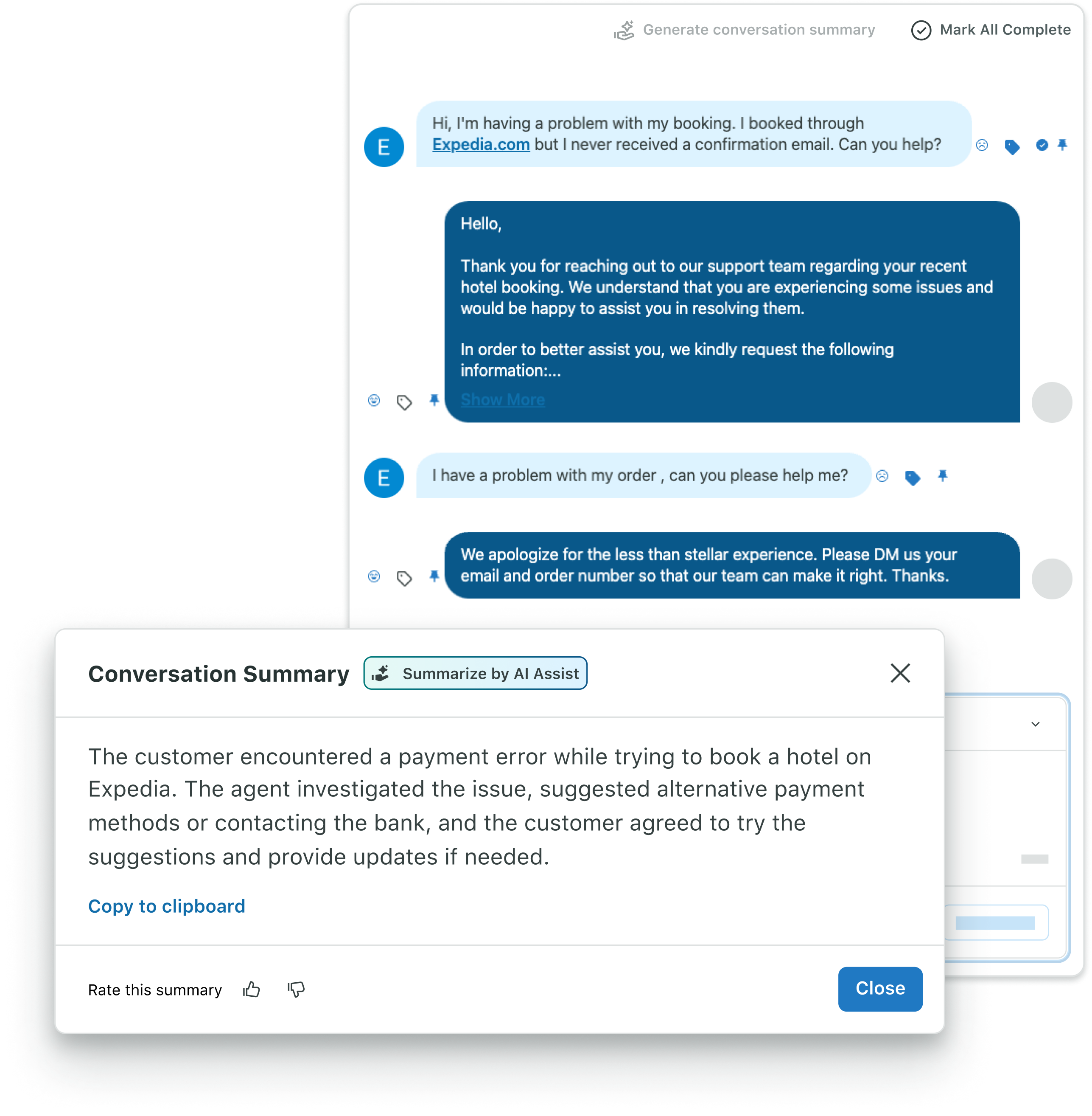 UI of a Sprout Social Customer Care conversation summary catching up a customer care rep on what conversation a customer had up to that point 