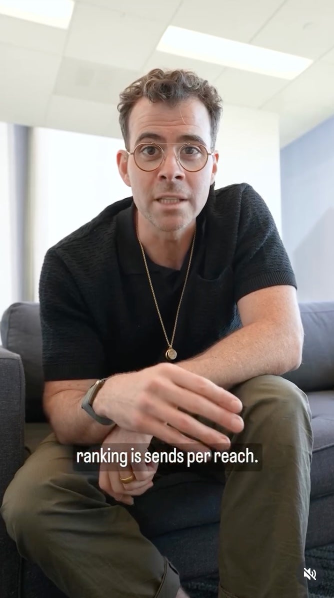 Mosseri talking about how Instagram uses sends per reach to rank posts in the Instagram algorithm