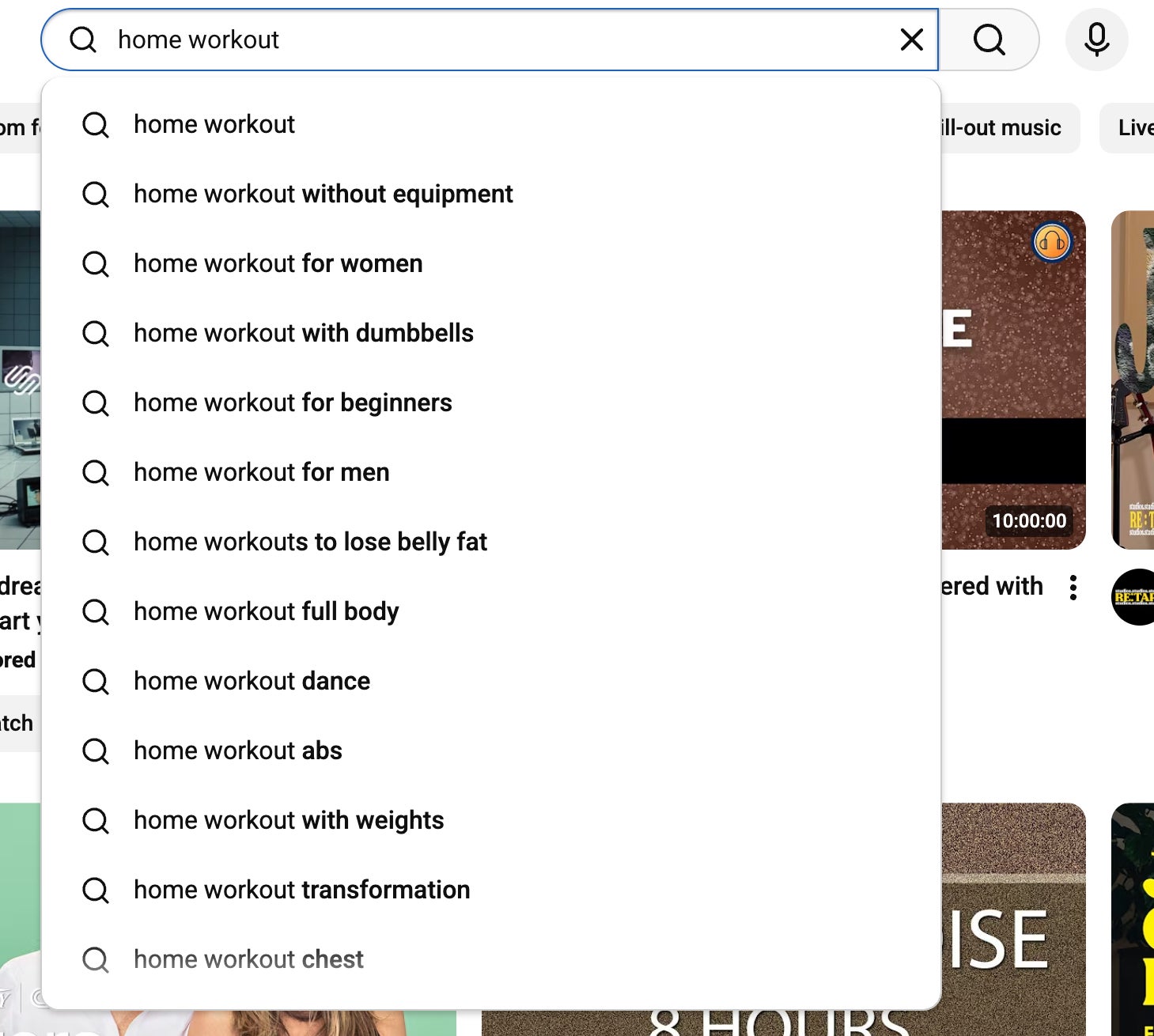 YouTube autosuggest example of