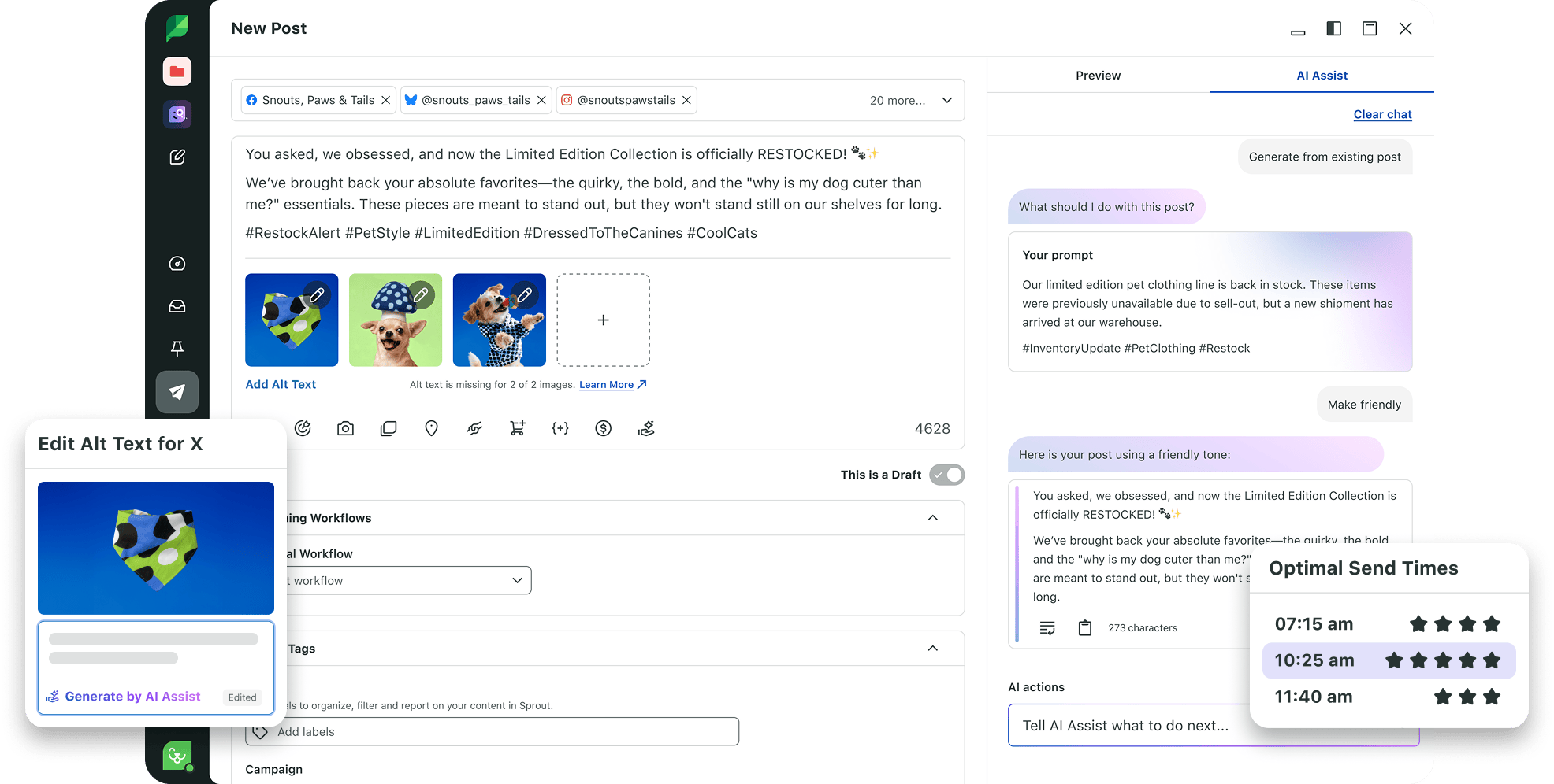 UI of Sprout Social's publishing tool, showing the user creating a new post and using Sprout's AI assistant, Trellis, to generate caption ideas, alt txt and optimal send times