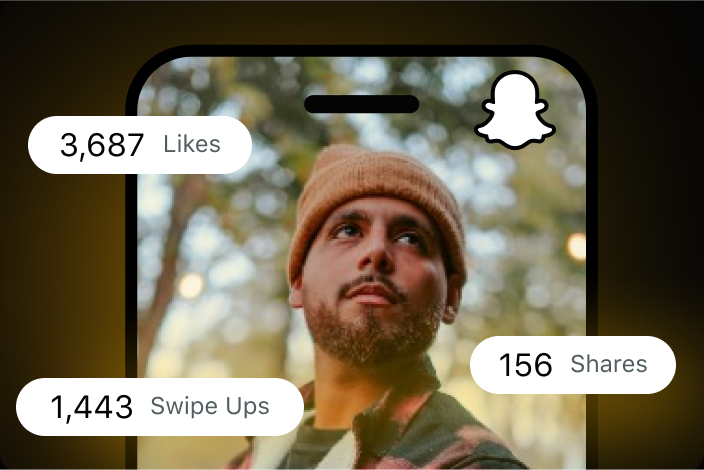 Représentation des indicateurs de performance de Snapchat, notamment les mentions « J'aime », les partages et les Swipe Ups.