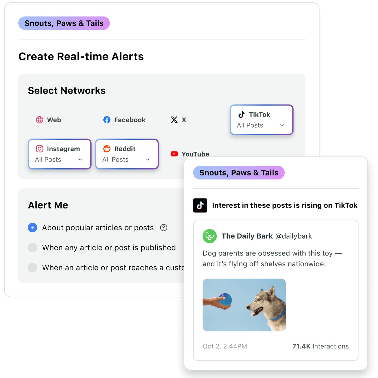 A snapshot of Newswhip by Sprout Social's real-time alerts that flag rising conversations about topics of interest to a pet health brand