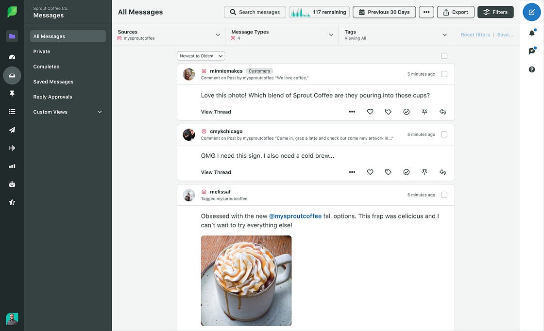 Sprout Social Smart Inbox showing a list of Instagram comments and messages with the option to check a box besides each
