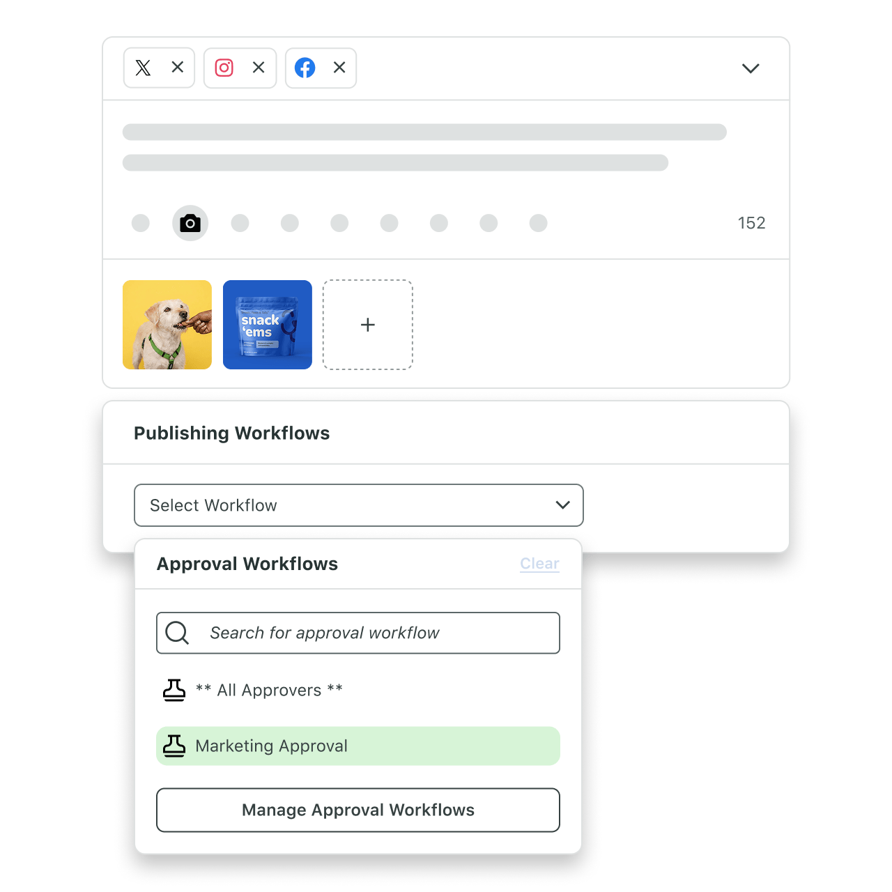 Produkt-Screenshot der erweiterten Workflows für Genehmigungen, die im „Verfassen“-Fenster von Sprout verfügbar sind.