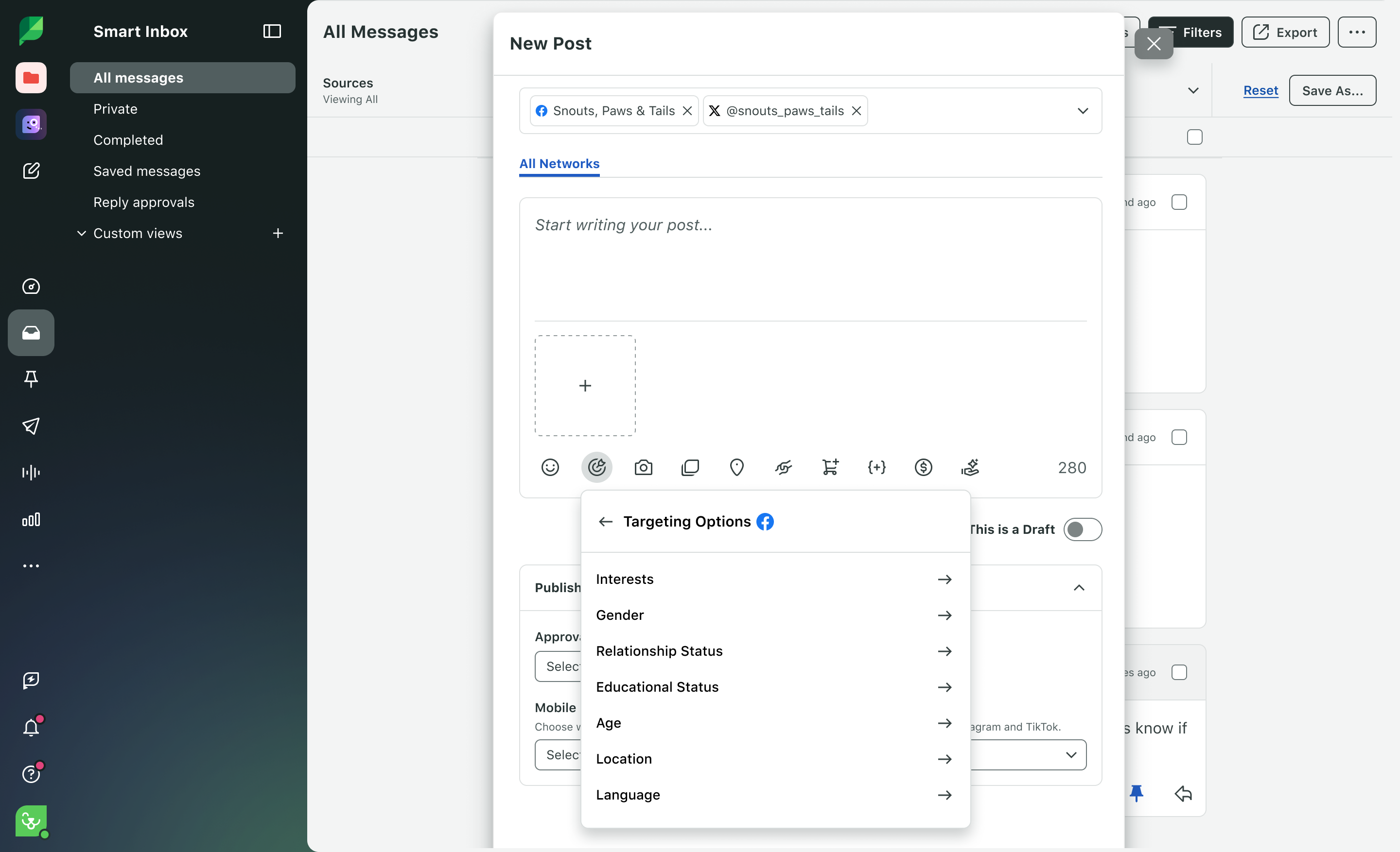 Sprout Social Smart Inbox compose window with an open Facebook Targeting Options menu displaying demographic filters.