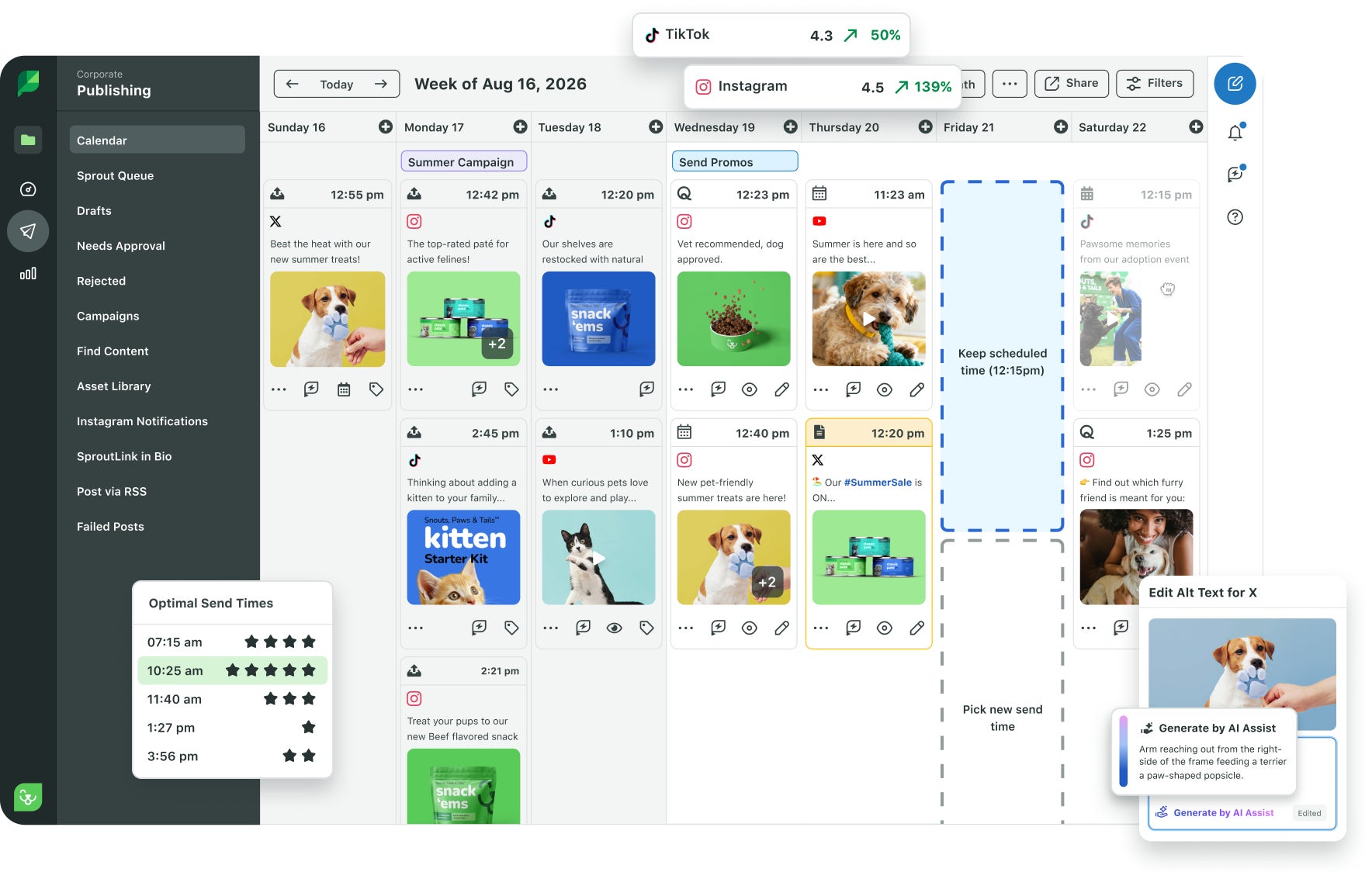 UI of Sprout Social's Publishing calendar for scheduling social media posts across channels, showing Optimal Send Times capability and AI generated alt text capabilities of the platform
