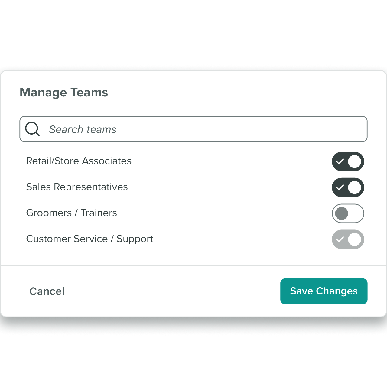 Sprout Social Employee Advocacy interface showing the Manage Teams settings to curate content for specific employee roles.