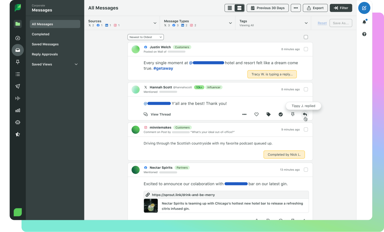 Screenshot of Sprout’s “All Messages” page displaying tags across networks and in-app response capabilities.