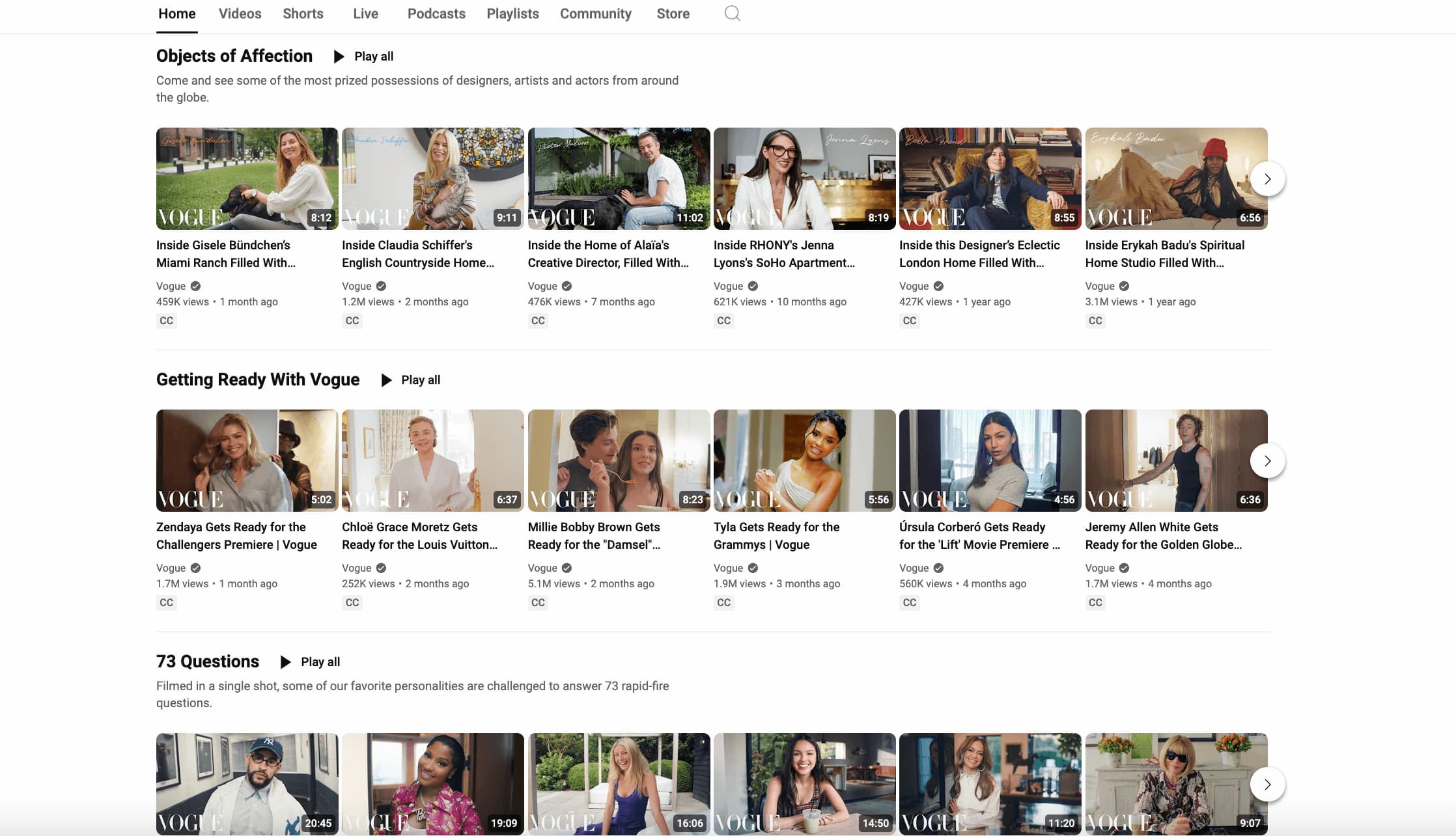 videos on the Vogue YouTube channel showing different series such as Objects of Affection, Getting Ready with Vogue and 73 Questions