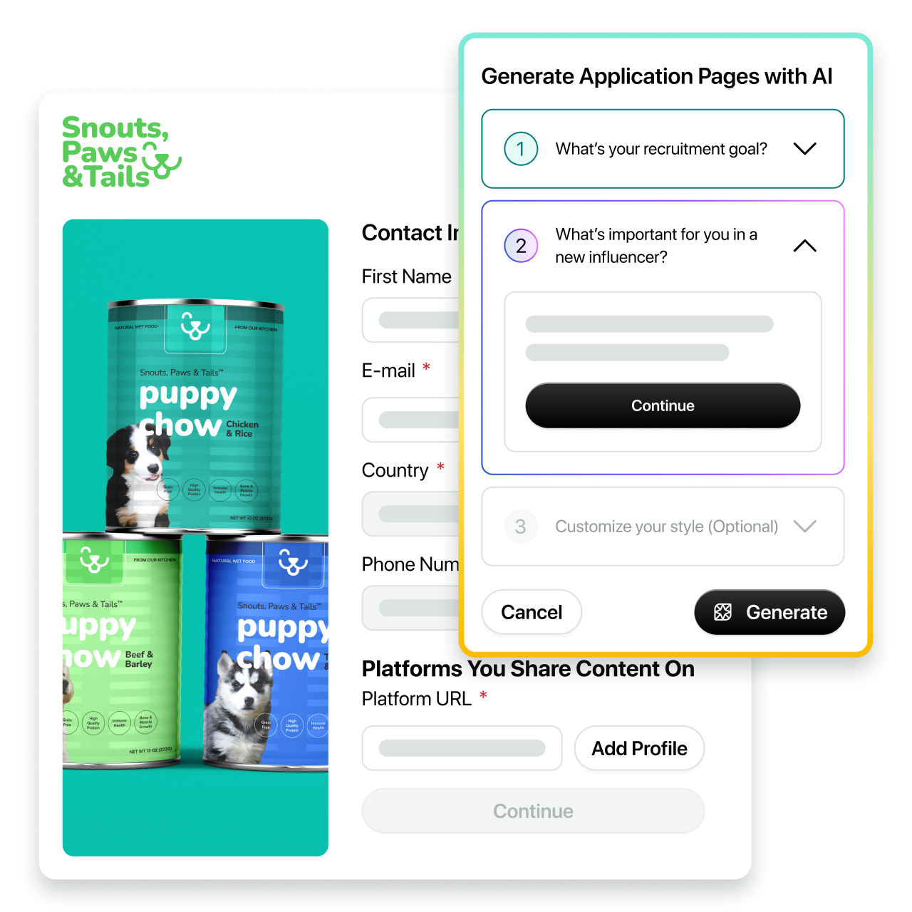 Interfaccia di Sprout Social Influencer Marketing che mostra pagine di candidatura generate dall'IA per una campagna di influencer marketing.​​ 