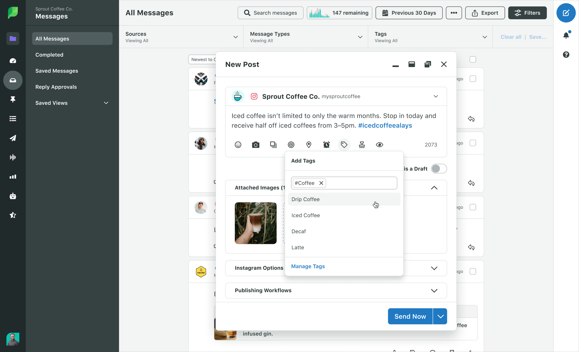 The New Post window in Sprout shows an “Add Tags” option and examples like #Coffee.