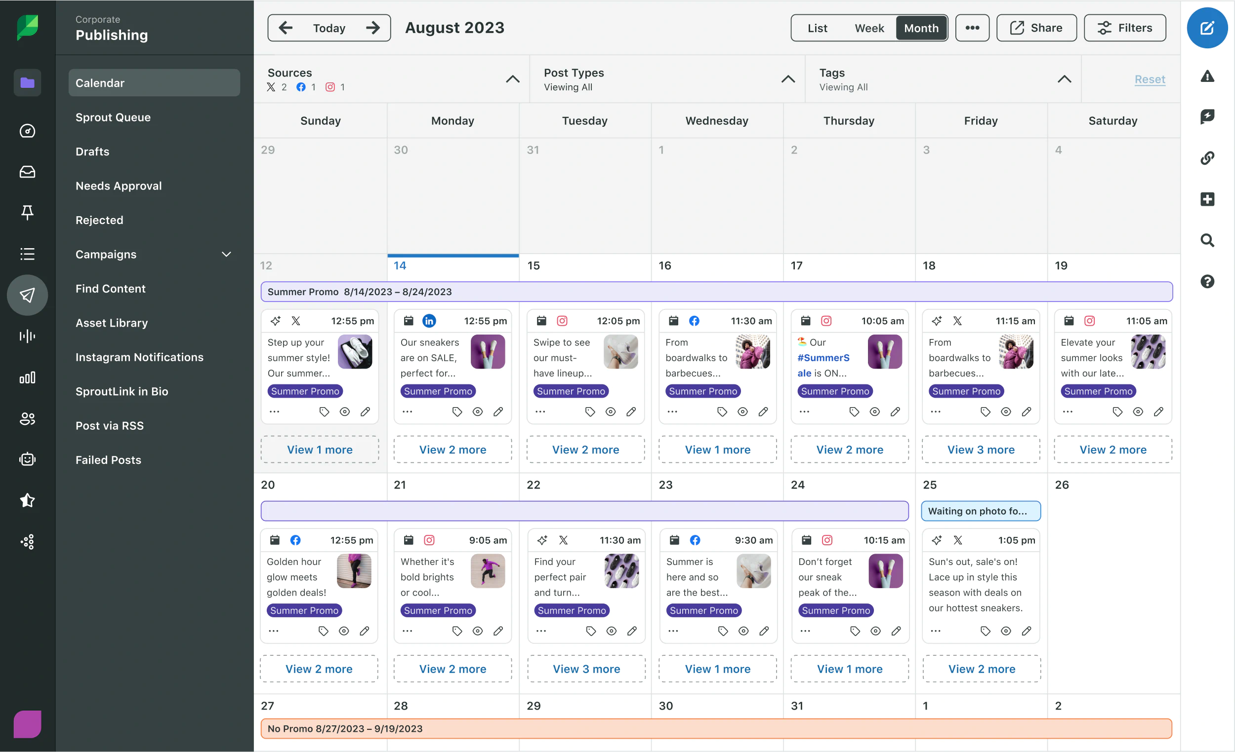 Example of a Sprout social media calendar with summer promotional posts scheduled on LinkedIn, Instagram, Facebook and X (formerly known as Twitter).
