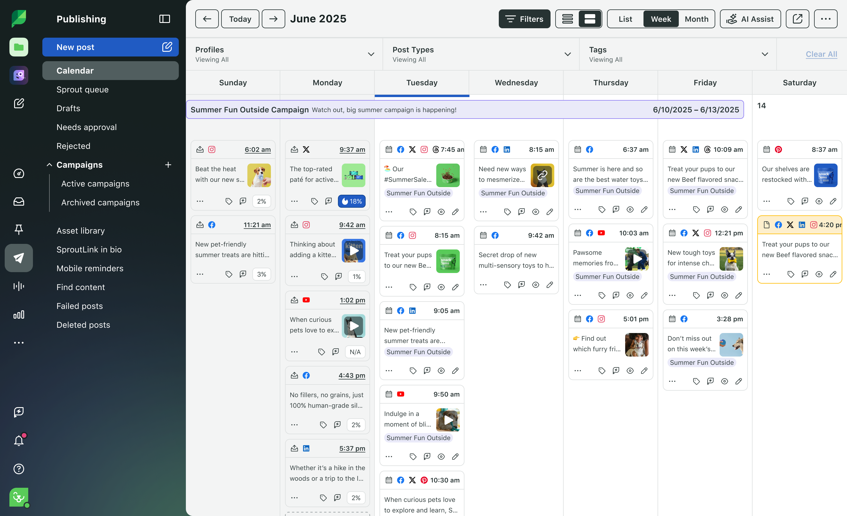 Sprout Social publishing calendar showing scheduled pet-brand posts across Facebook, X, Instagram, and LinkedIn for the 