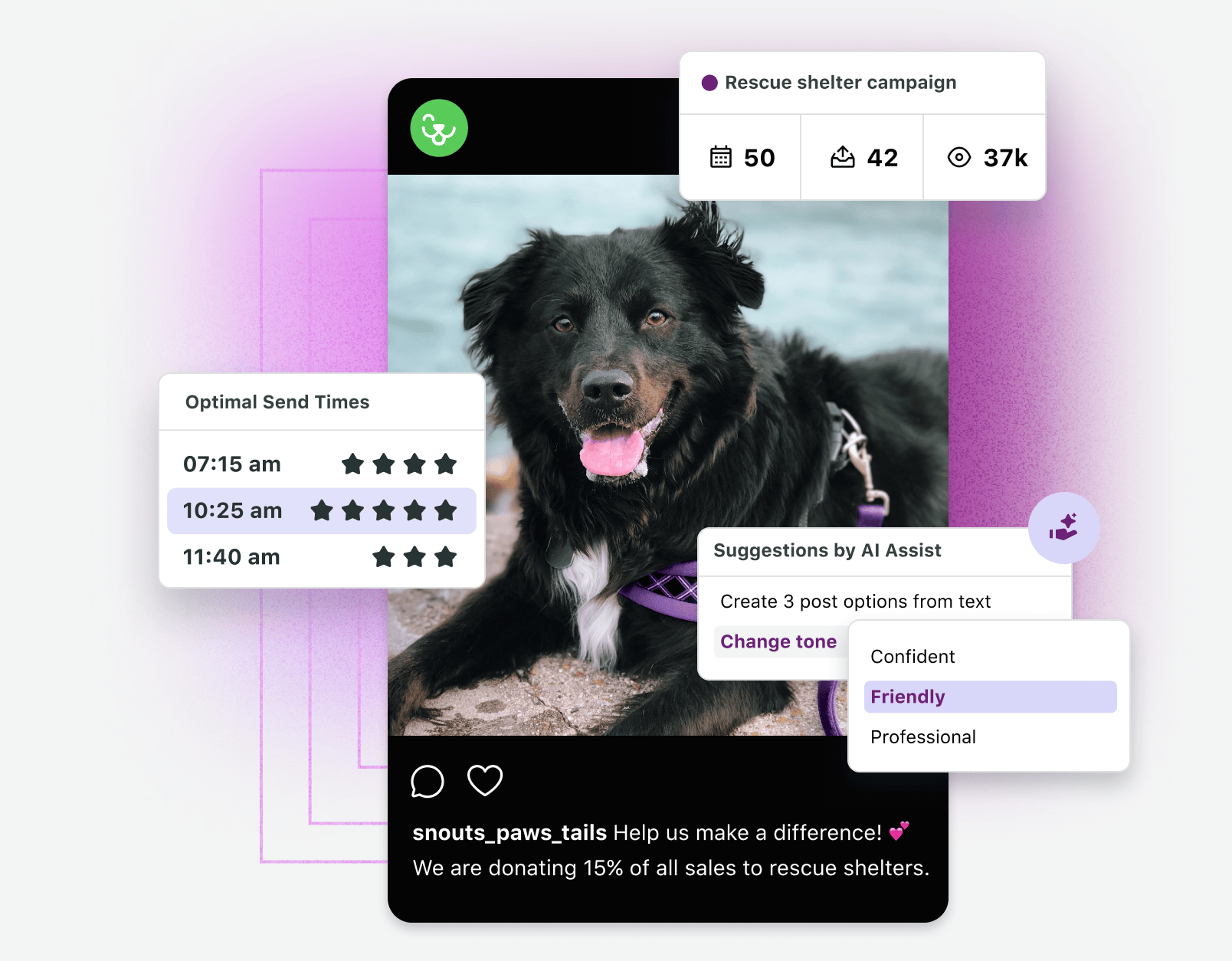 Instagram profile of Snouts, Paws & Tails displaying product UI with a planned campaign for rescue shelters. Includes AI-generated friendly caption suggestions and three optimal posting times for enhanced engagement.