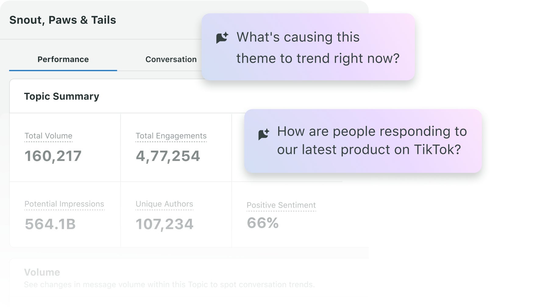 Sprout Social's UI of its AI Assistant, Trellis, in action. Trellis is answering user questions about their Social Listening data to reveal trends and insights before they escalate to a crisis.