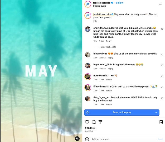 Fabletics Scrubs Instagram post featuring the shadow of palm trees on turquoise waters next to the beach and text overlay that reads "May" and caption that reads "May color drop arriving soon (eyes emoji) Give us your best guess.