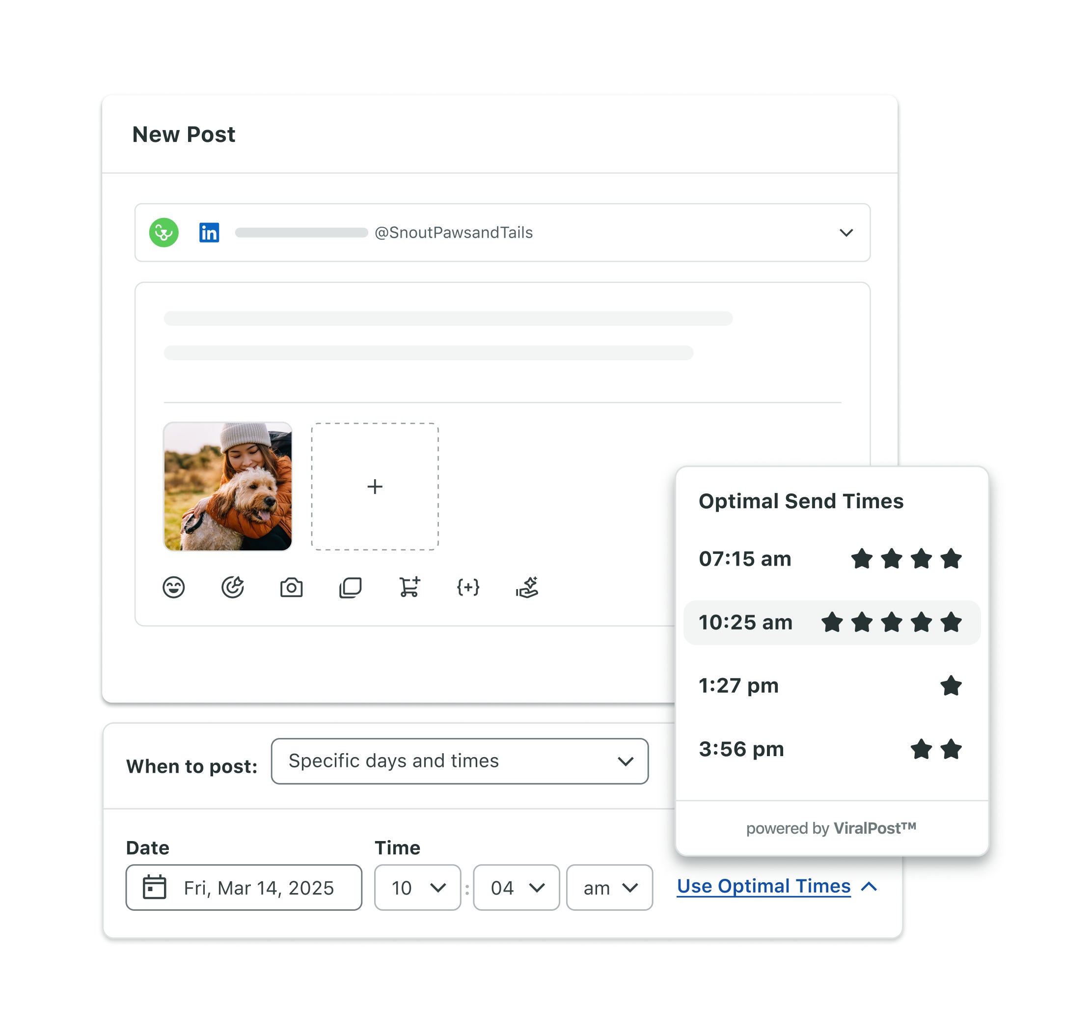 A screenshot shows Sprout Social’s Optimal Send Times feature when scheduling a post.