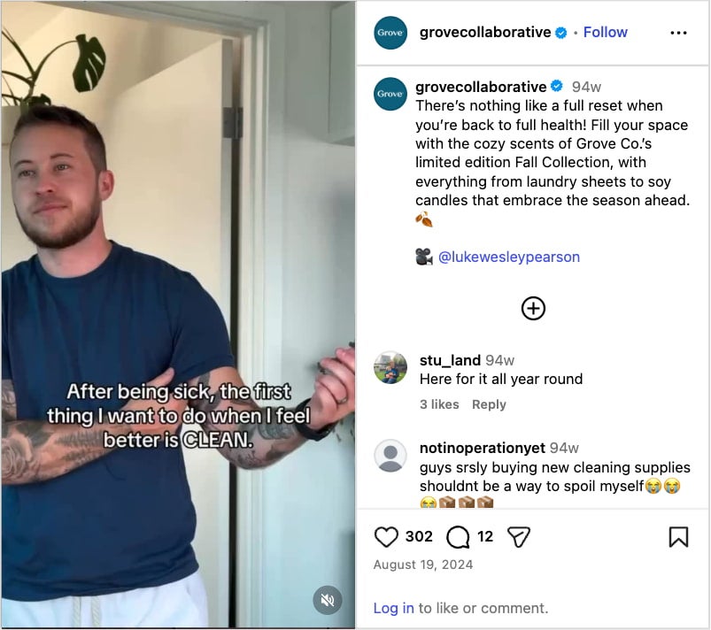 Still from an Instagram Reel featuring a man wearing a navy blue t-shirt looking into the camera with text overlay that reads "After being sick, the first thing I want to do when I feel better is CLEAN."
