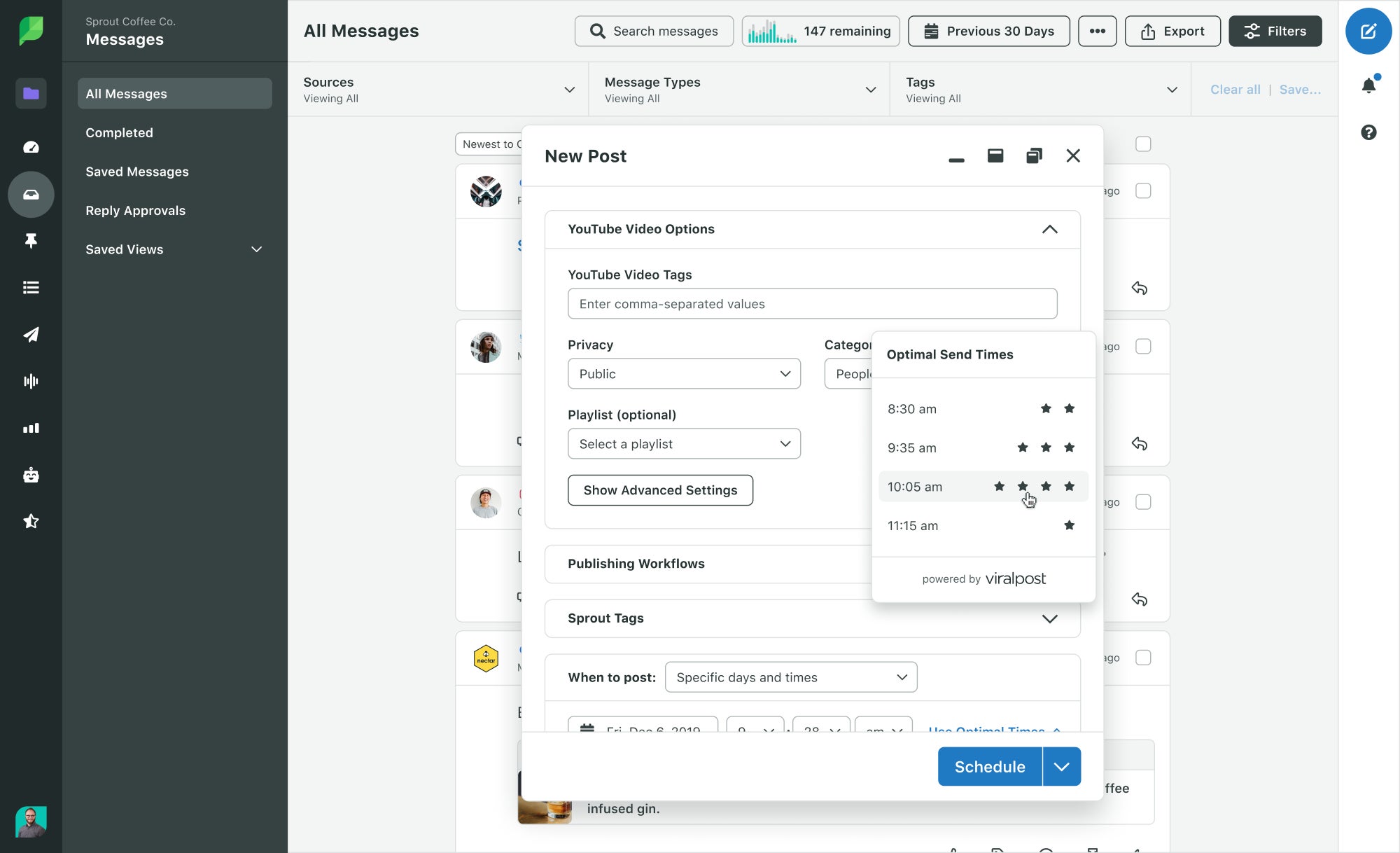 Sprout Social's UI, showing the YouTube publishing tool, specifically adding video tags, privacy settings, campaign tags, playlist grouping and optimal send times