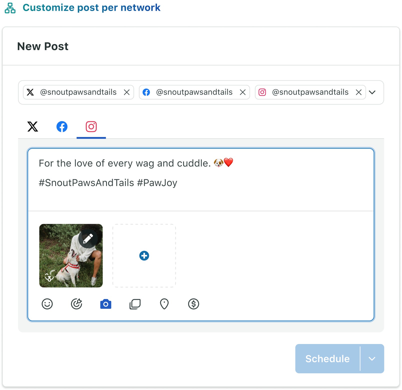 Sprout Social Compose window shows multiple network profiles with options to edit and schedule each post
