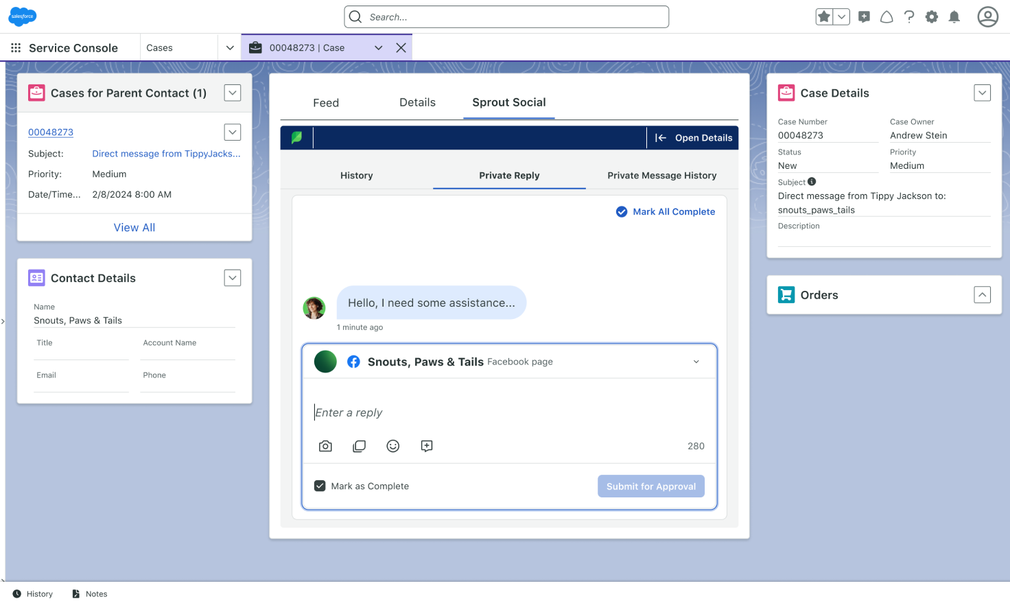 Product UI of a company, Snouts, Paws, & Tails, using the Salesforce Service Console within Sprout Social to respond to customer messages from their Facebook Page.