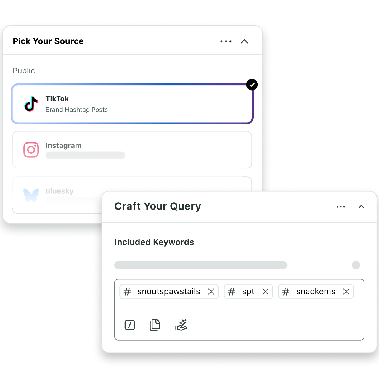 Sprout Social Listening tool interface selecting TikTok brand hashtags to craft queries for social media insights.