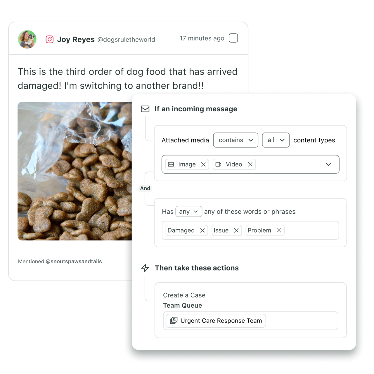 Sprout Social user creating an automated rule to route messages containing images, videos, and keywords like 