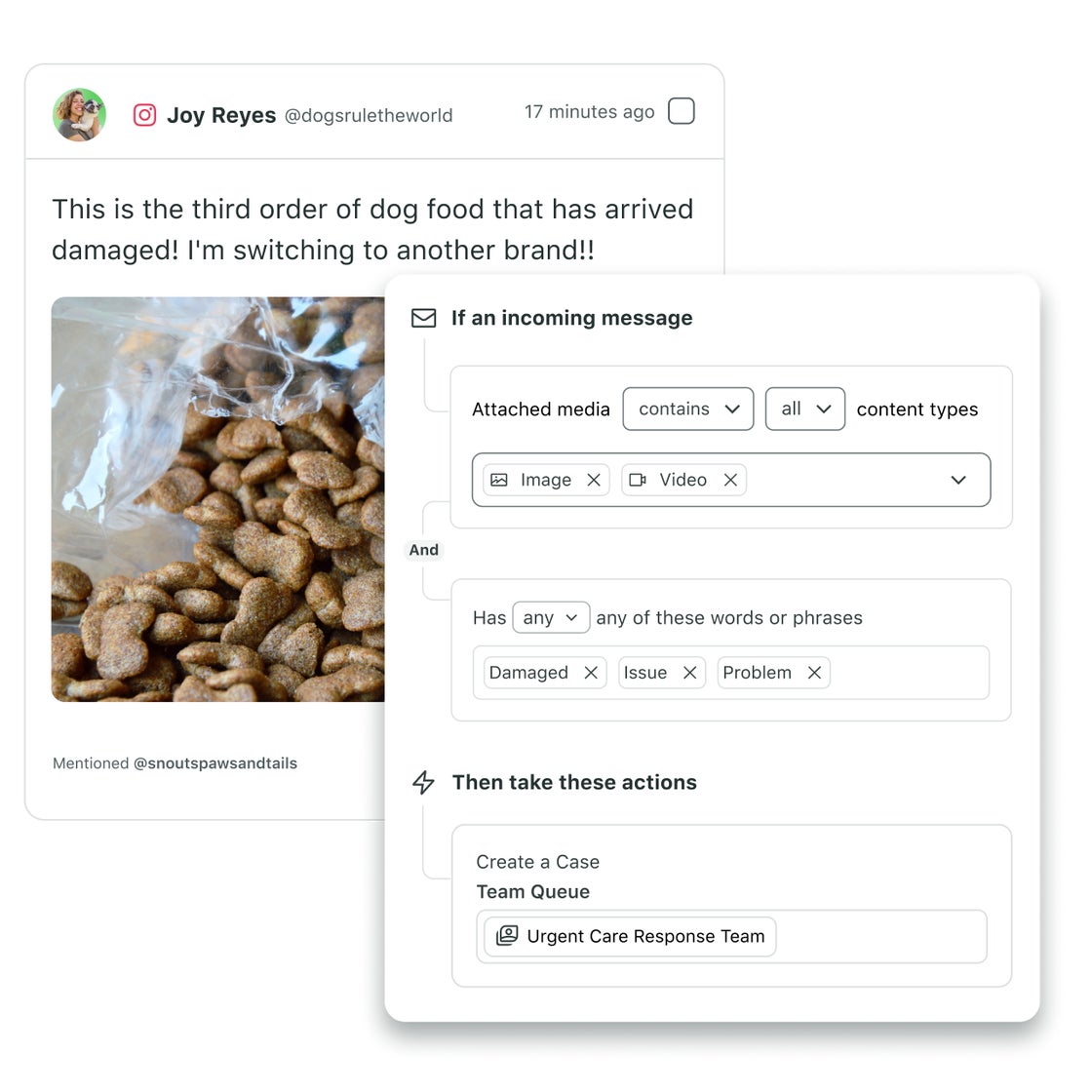 Sprout Social user creating an automated rule to route messages containing images, videos, and keywords like