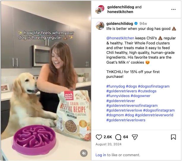 Still from an Instagram Collab post from Honest Kitchen and Golden Chilli Dog featuring a woman in a black dress being followed by a golden retriever and text overlay that reads "how life feels when your dog is having regular (poop emoji)"