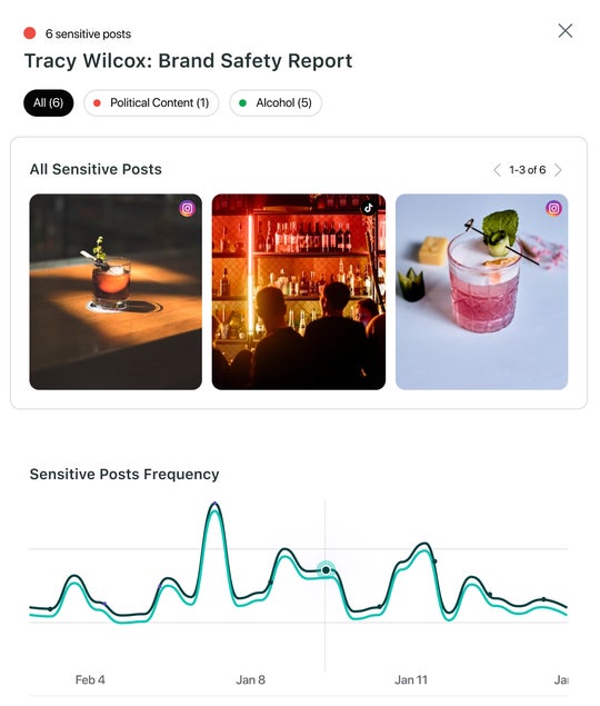 A screenshot that highlights an influencer’s Brand Safety Report in Sprout’s Influencer Marketing platform