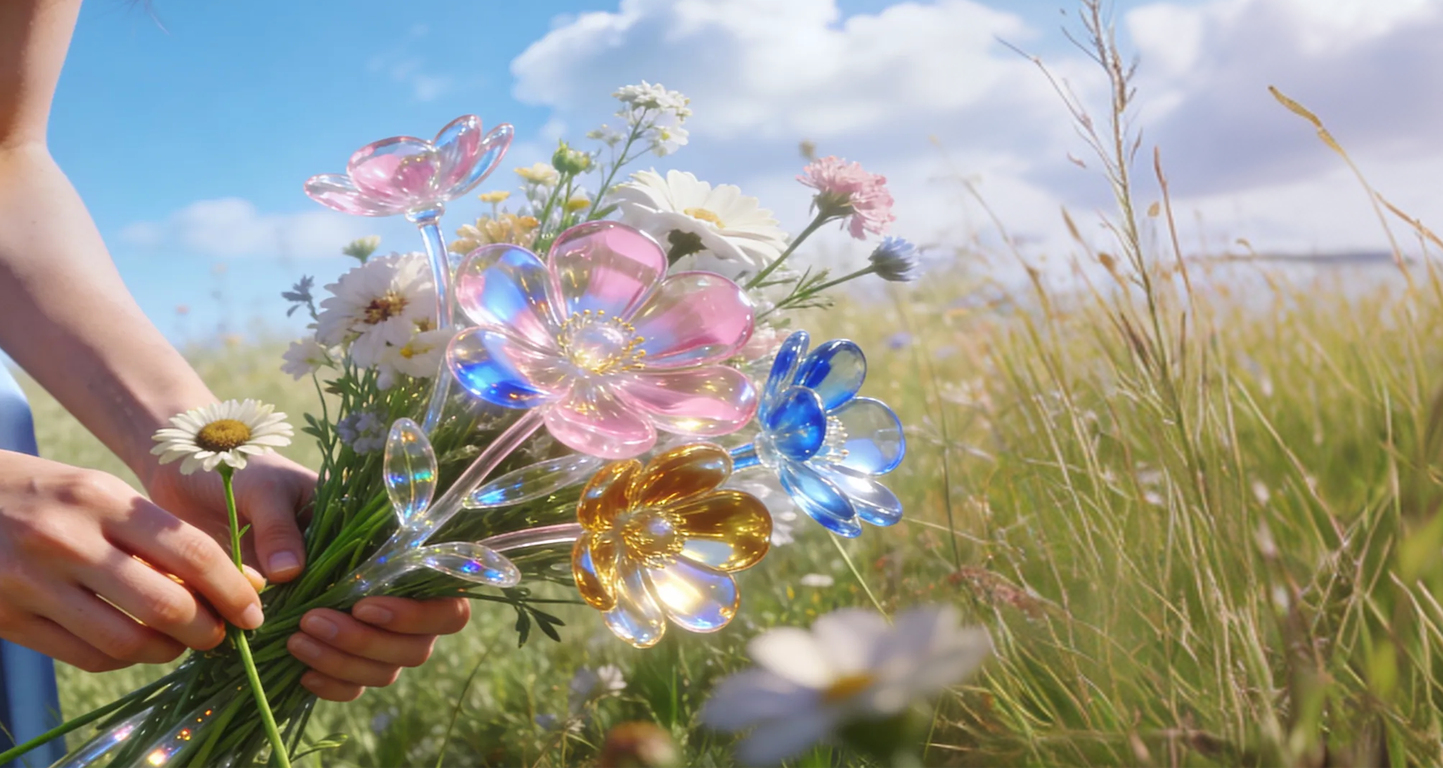 Hands holding a bouquet of white daisies mixed with iridescent glass flowers.