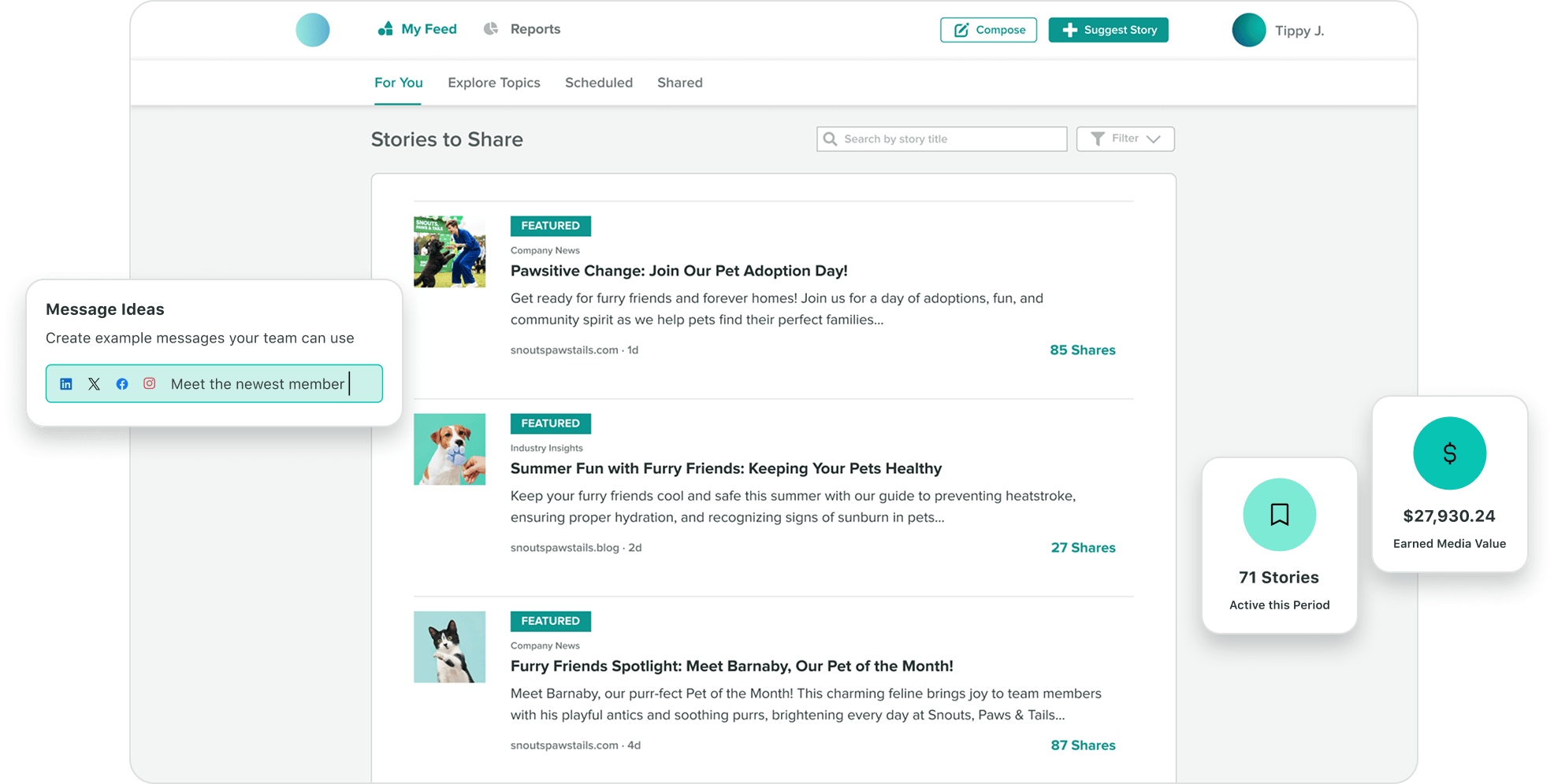 Sprout's Employee Advocacy interface where you can see the available stories to share, pre-approved message ideas and the earned media value driven by the posts.