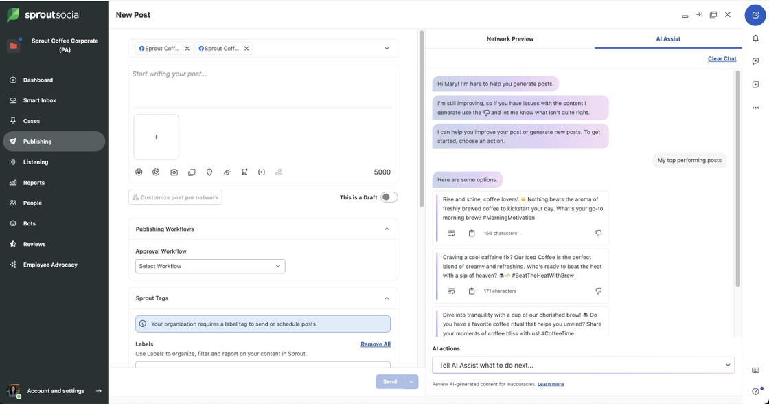 A screenshot shows an example of Sprout’s platform generating post ideas based on a user’s top-performing posts