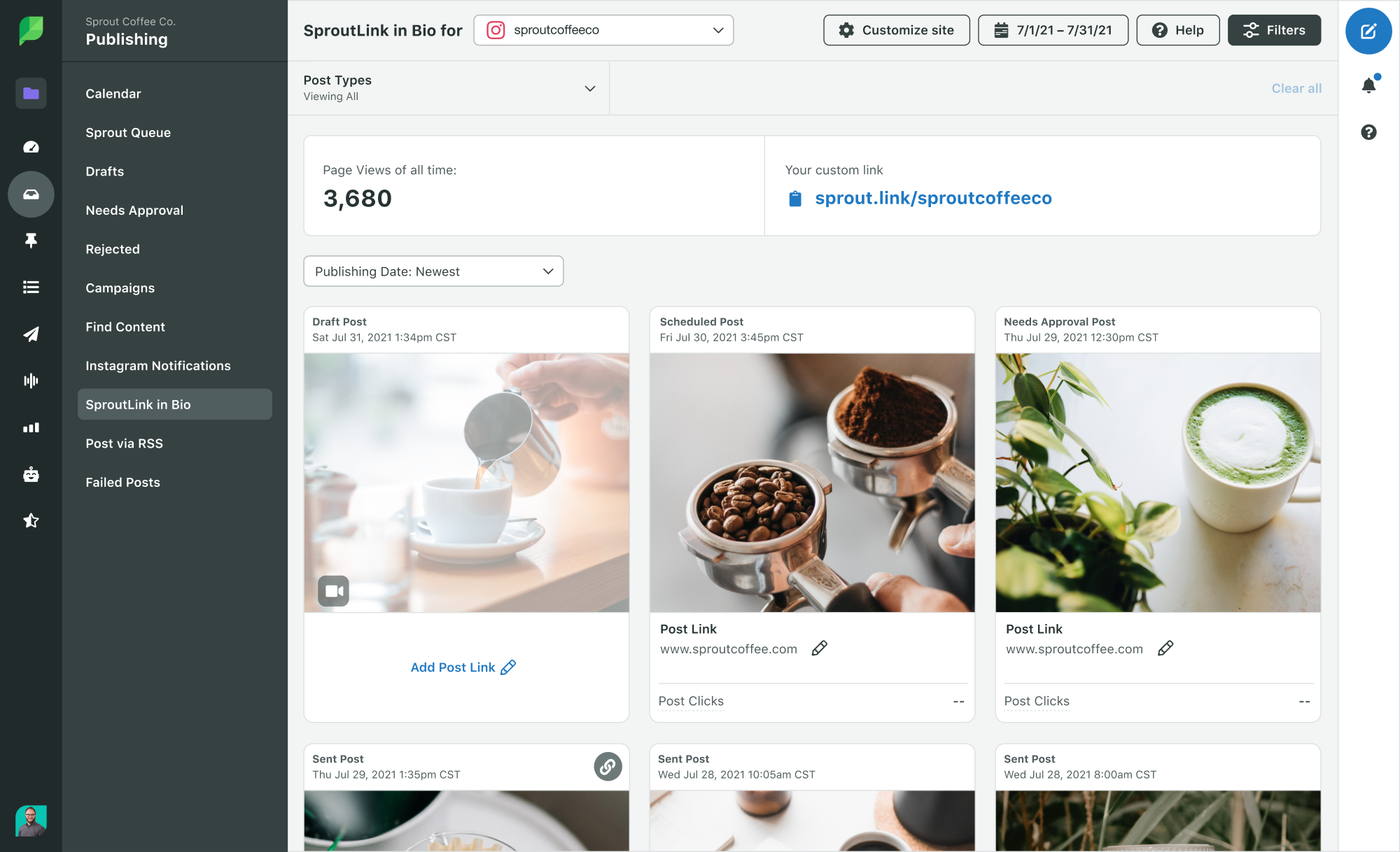 UI of Sprout Social's SproutLink capability with Instagram