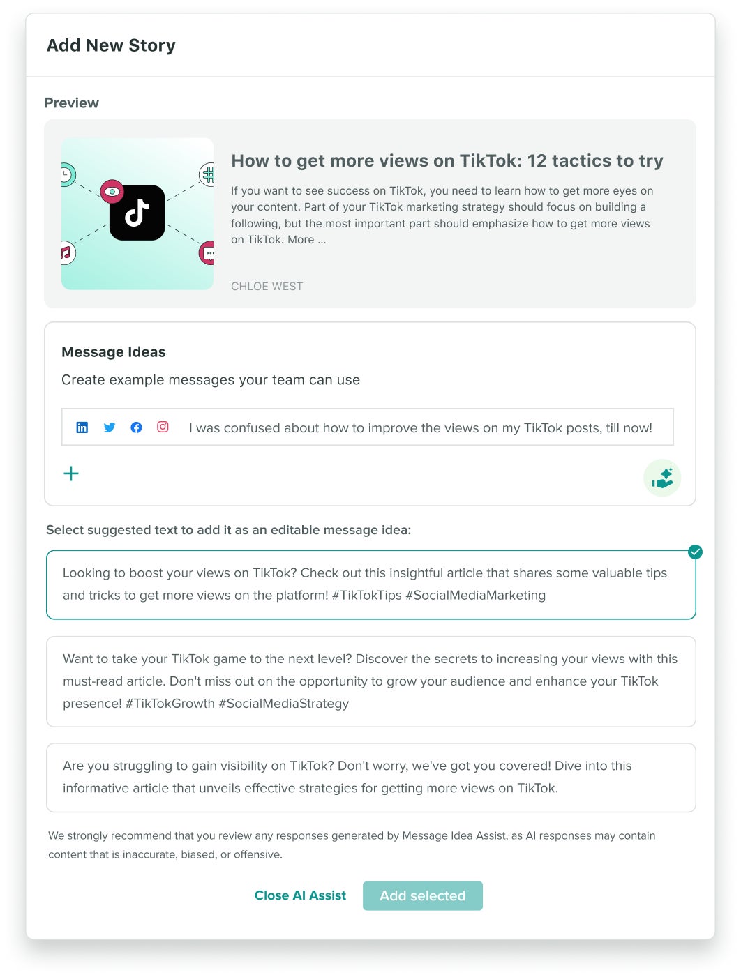 UI experience of Sprout's Employee Advocacy suggesting new caption ideas for adding a new story to be shared