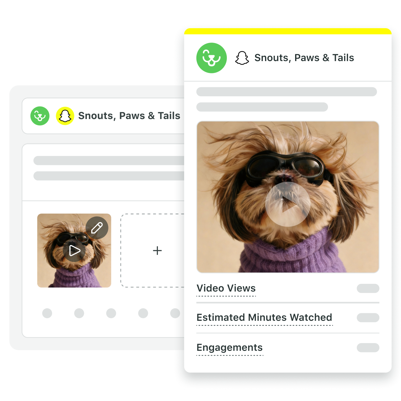 Sprout Social Snapchat publishing interface showing video post scheduling and analytics for views and engagement.