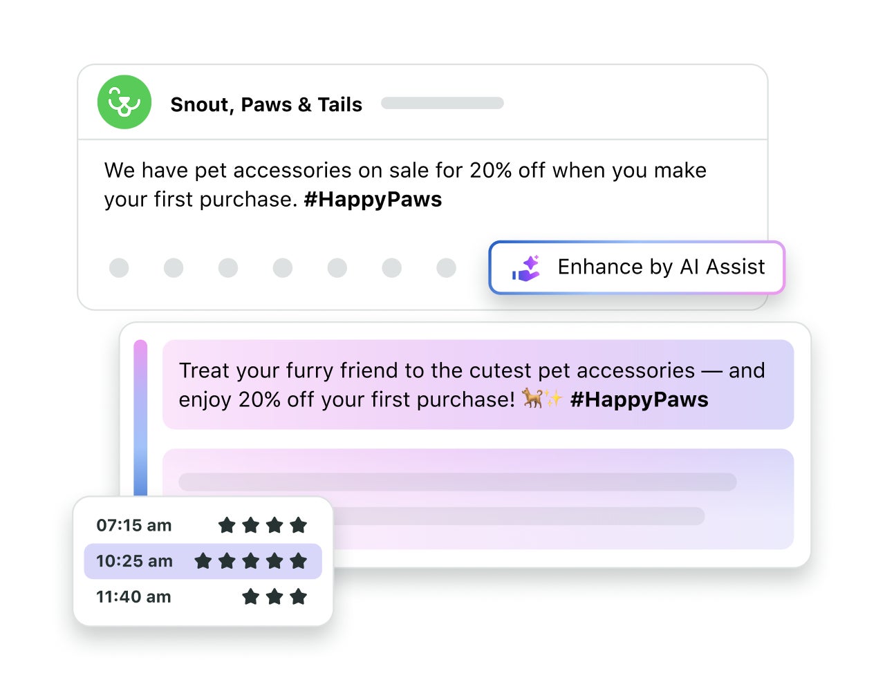 UI of Sprout Social's AI Assist capabilities generating fresh caption ideas and optimal send times based on the user's audience