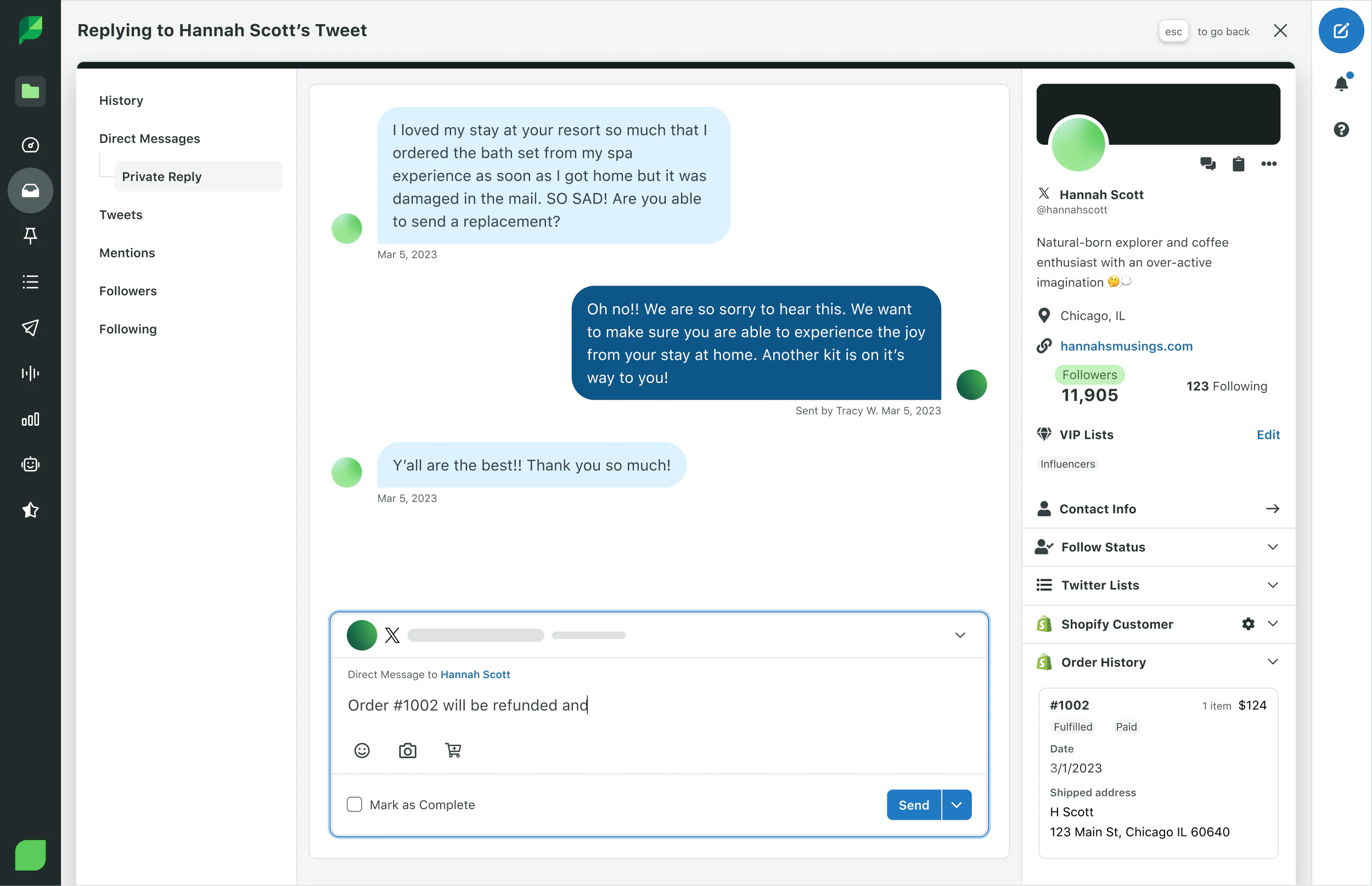 Exemple de réponse à un message direct client dans la Smart Inbox de Sprout Social.