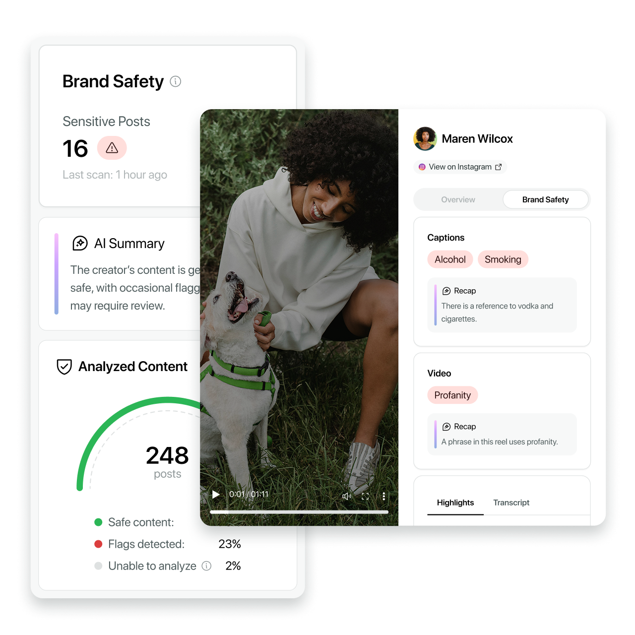 Graphic to represent Sprout Social Influencer Marketing's Brand Safety capabilities, showing flags of captions with alcohol and smoking and videos that have profanity to warn brands about if that suits their audience and brand guidelines