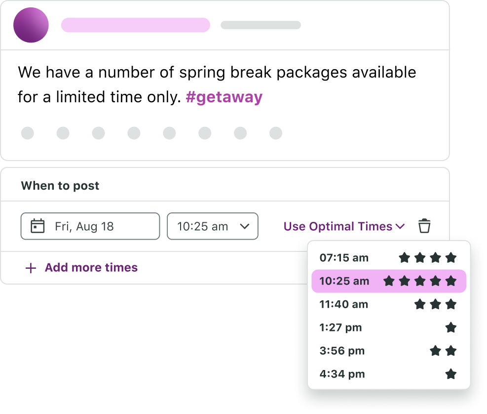 Sprout Social Optimal Times dropdown menu. The menu suggests various posting times, with '10:25 am' highlighted and marked with five stars, indicating it as the most optimal time, followed by other times with fewer stars.