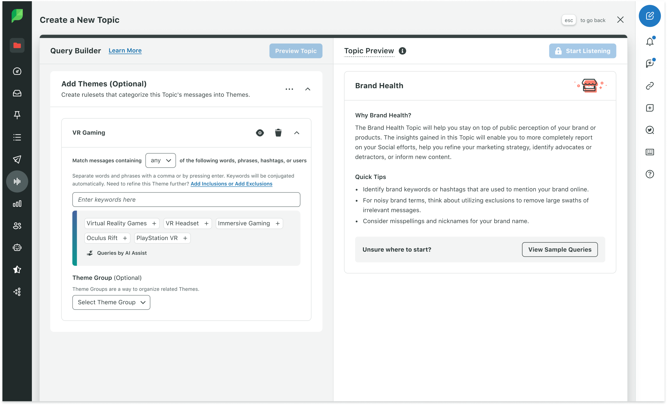 Sprout Social's query builder showing how to track topics and use Queries by AI Assist.