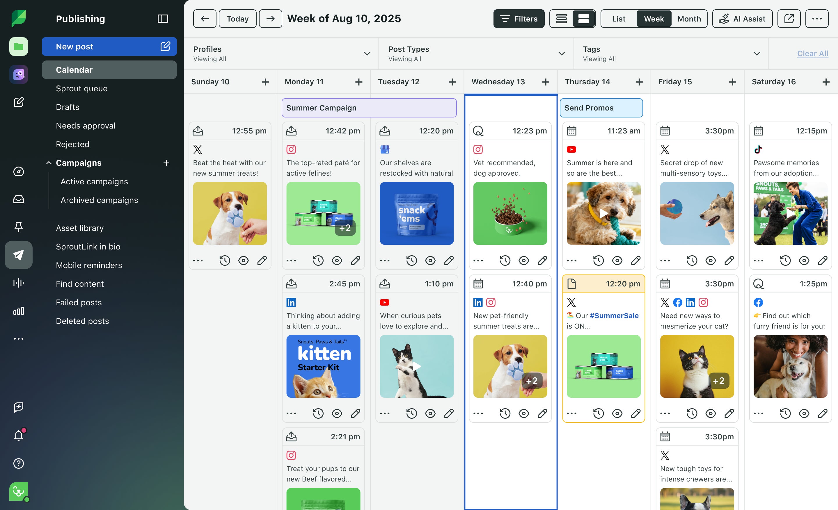 The content calendar view in Sprout Social’s Publishing Calendar showing scheduled posts for a week in Aug 2025